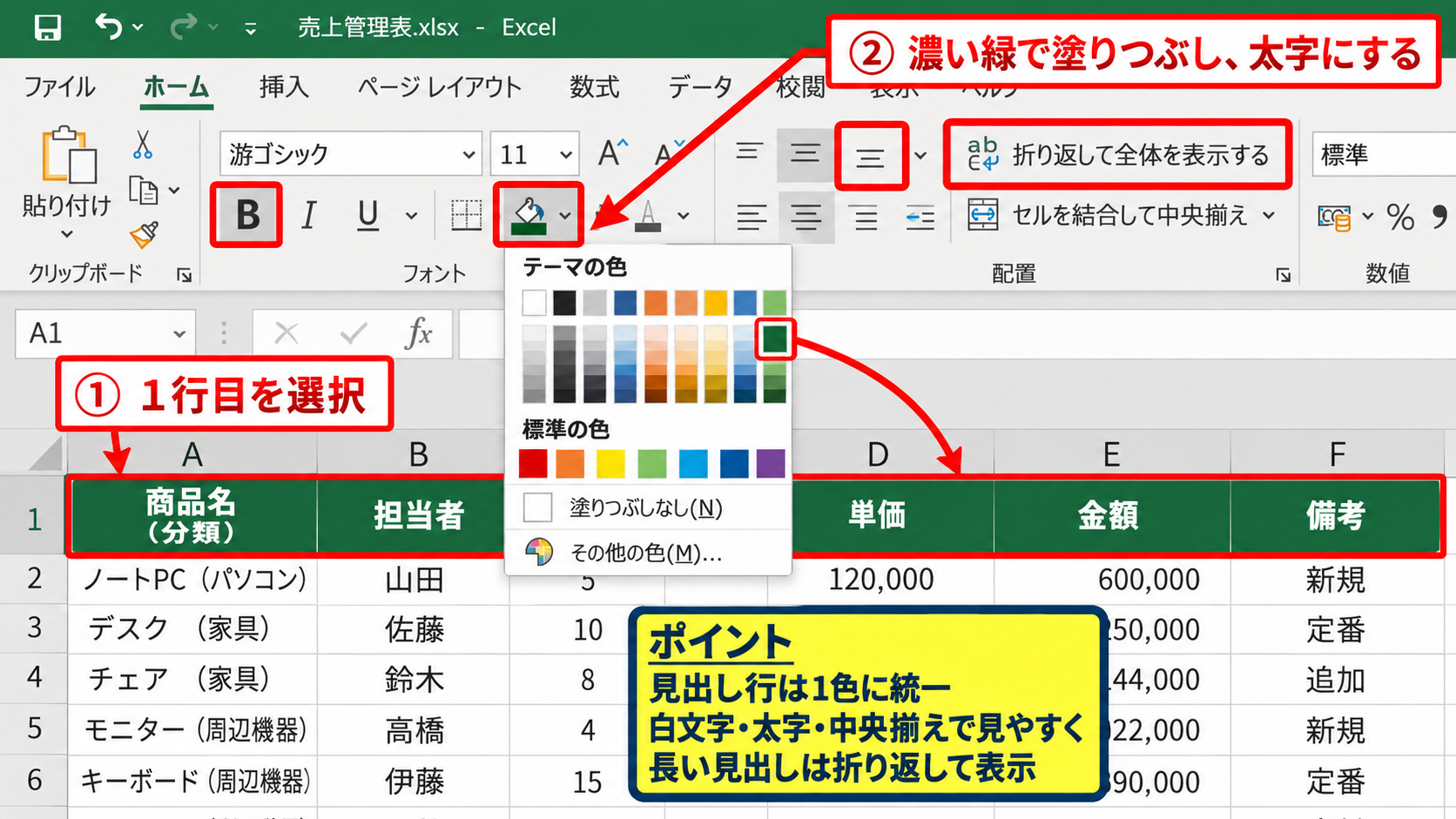 エクセルの表を見やすくする基本設定【見出しと罫線の整理】 - 見出し行の背景色と文字書式
