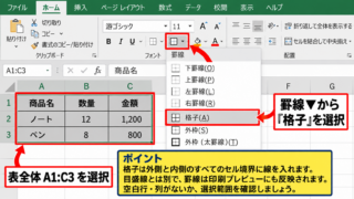 エクセルの表に基本の枠線を引く方法 - 格子の罫線による表全体の整形