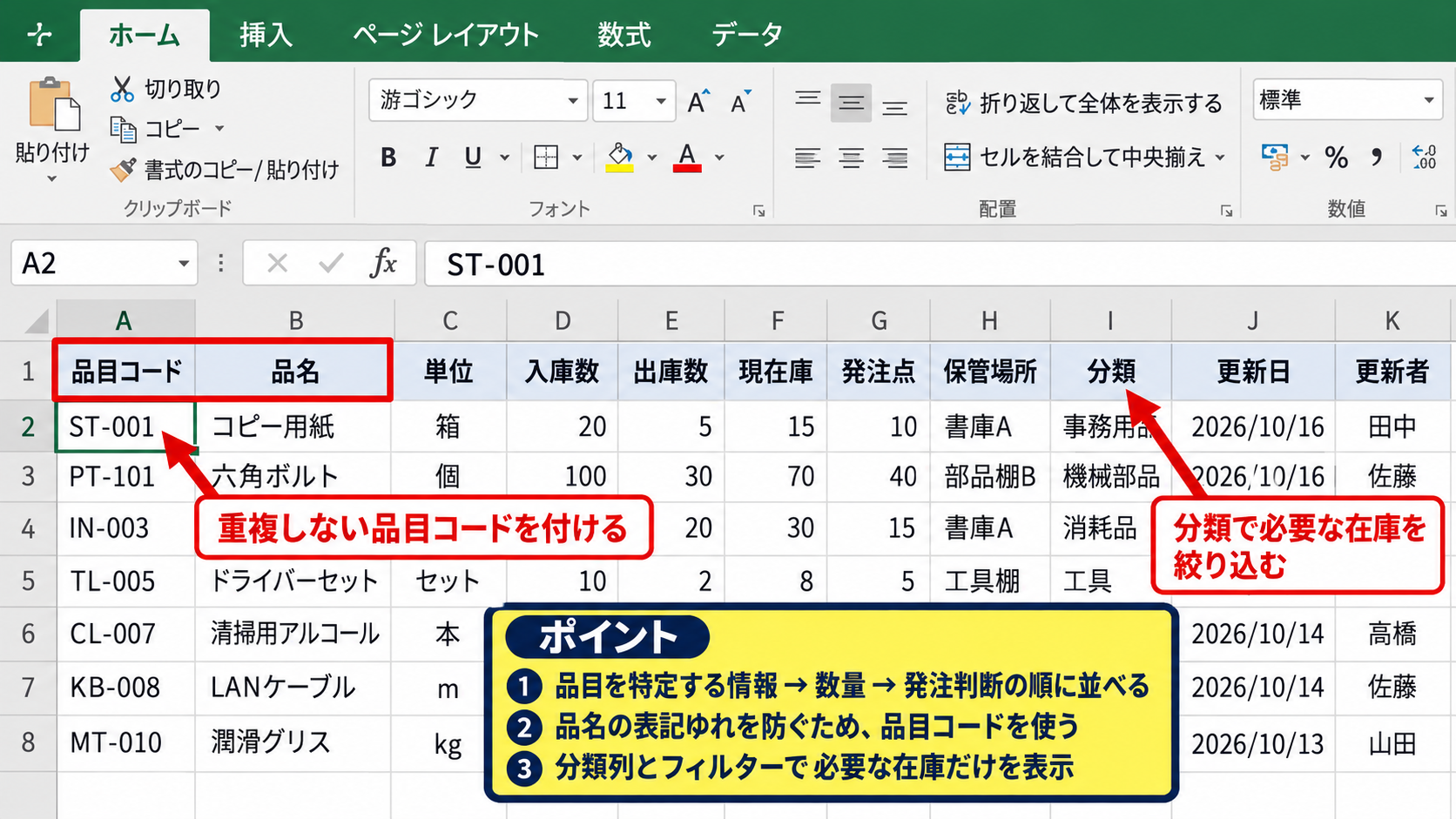 エクセルで在庫管理表を作る手順【基本の一覧表】 - 管理項目の設計