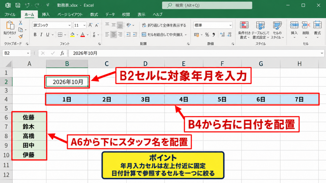 エクセルで月間シフト表を作る基本設定 - 対象年月と表の配置