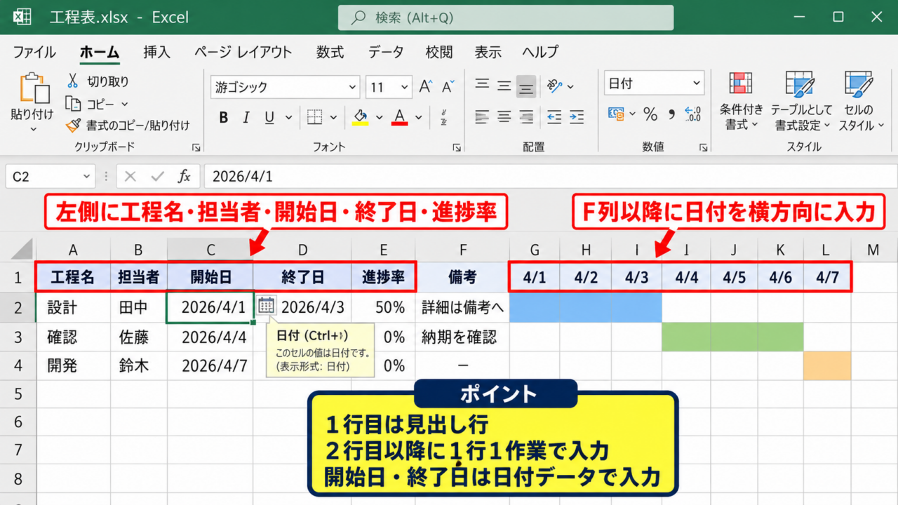 Excelで月間工程表を作る基本手順 - 表の列構成と入力項目