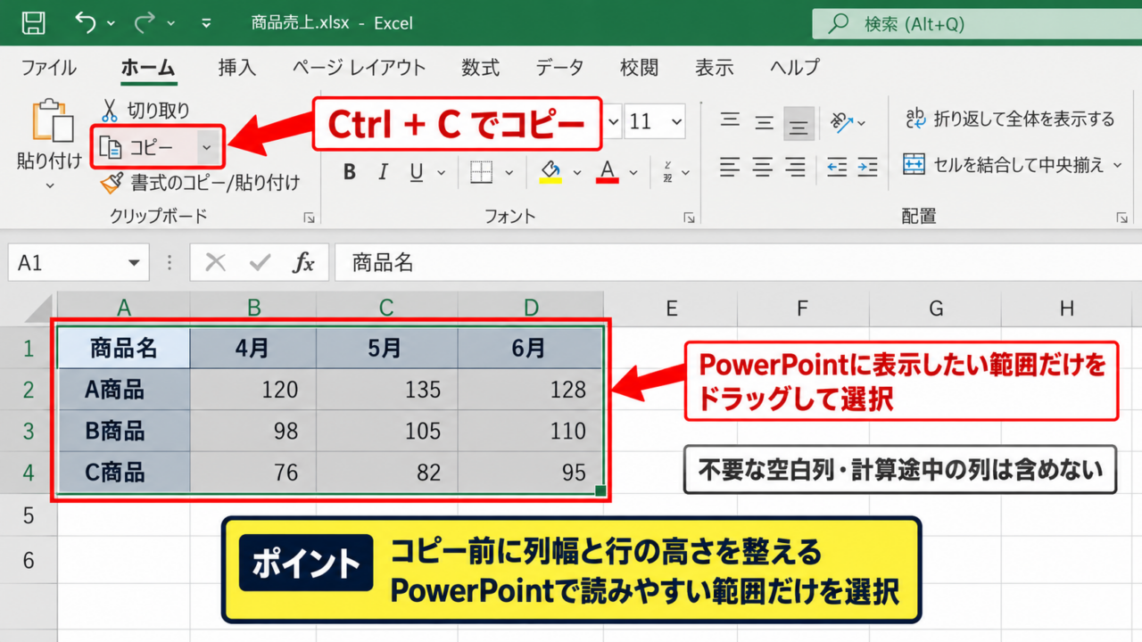 PowerPointへExcel表を貼り付ける基本操作 - Excelでコピー範囲を選択する手順