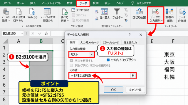 エクセルのプルダウンで複数選択する方法【VBAによる追記設定】 - 入力規則リストの作成