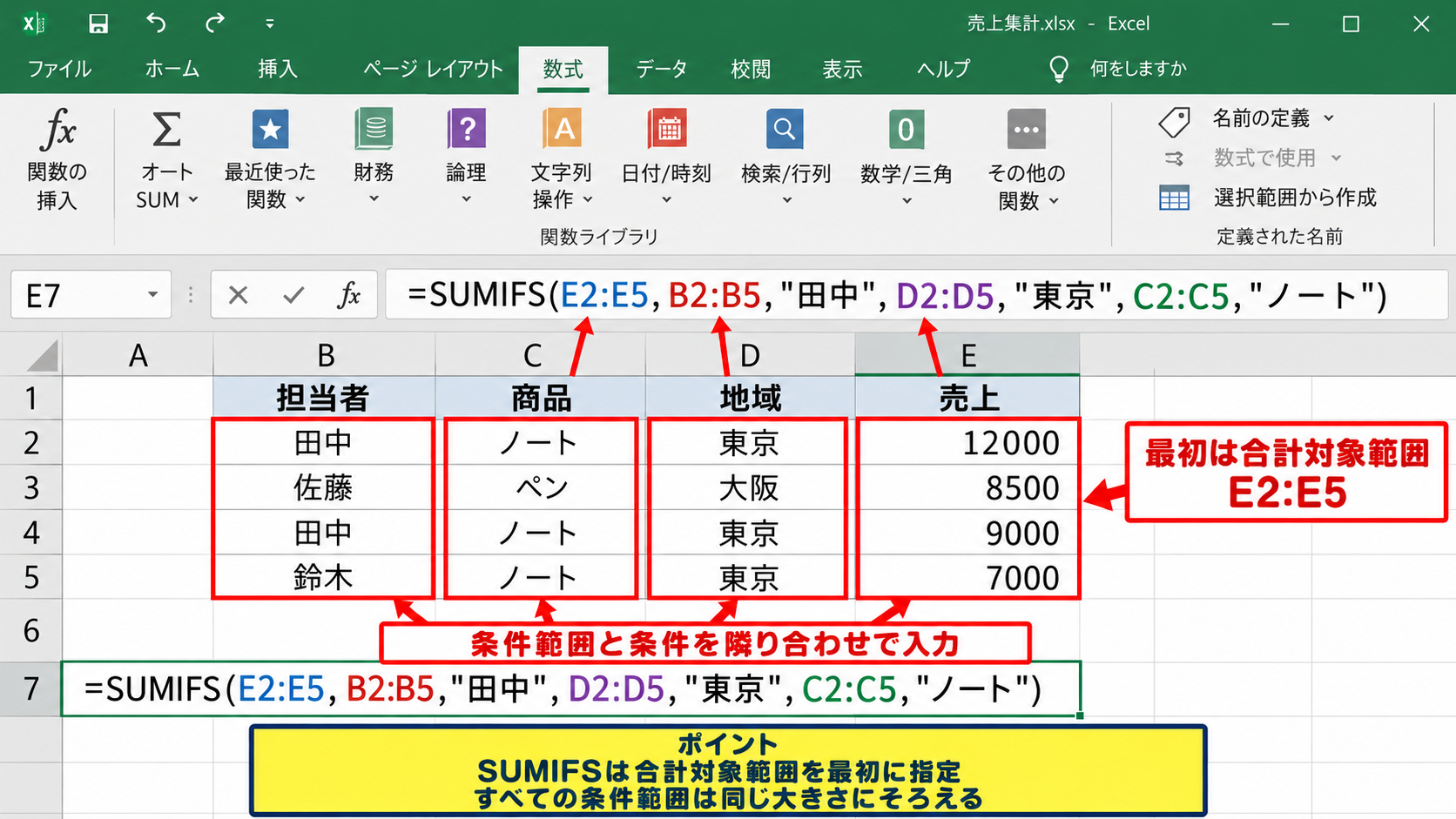 SUMIFS関数で複数条件を指定する方法 - SUMIFS関数の構文と入力順