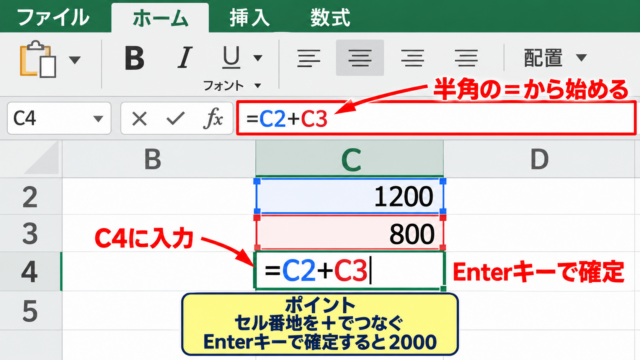 エクセルで足し算をする基本方法【＋記号と数式の入力】 - セル番地を＋記号でつなぐ入力手順