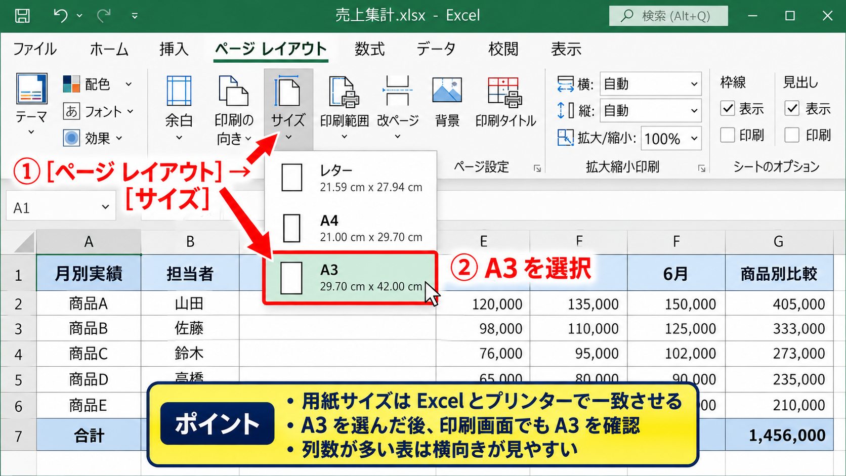 エクセルでA3いっぱいに印刷する基本設定 - ページレイアウトからの用紙サイズ変更