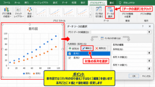 散布図の縦軸と横軸を入れ替える操作手順 - グラフのデータ選択画面