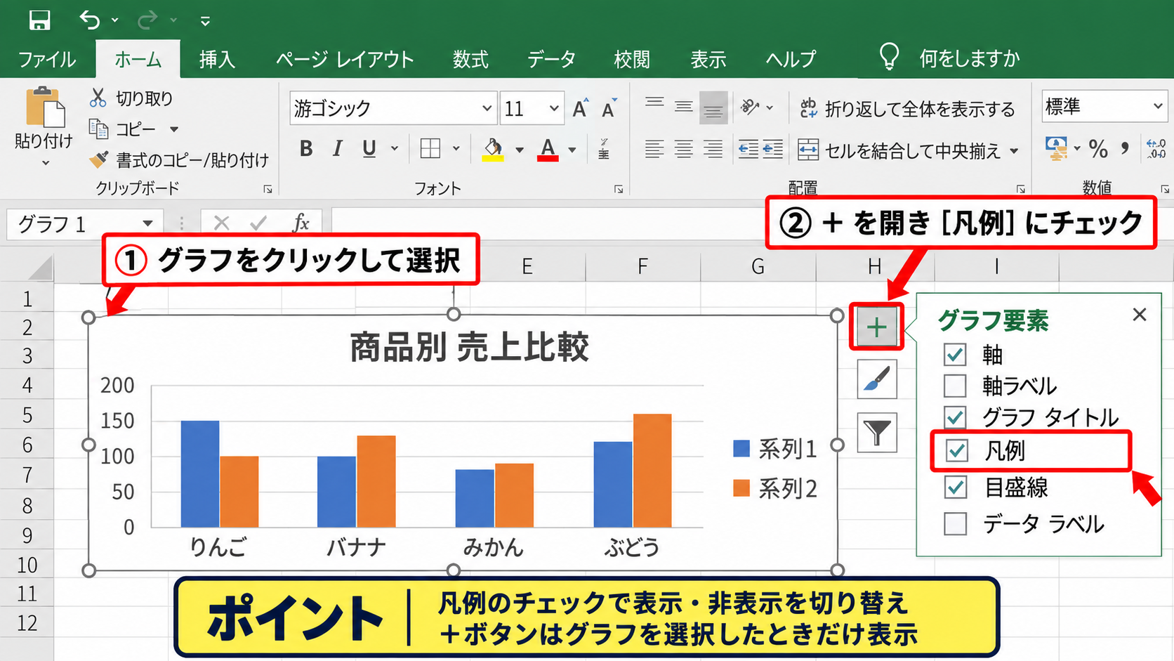 エクセルグラフに凡例を追加する方法【プラスボタンの操作】 - グラフを選択してプラスボタンを開く