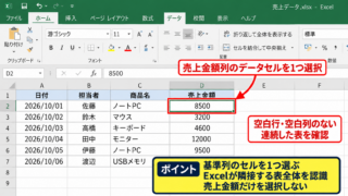 エクセルで昇順・降順に並べ替える方法【並べ替えボタンの操作】 - 対象セルを選択する範囲