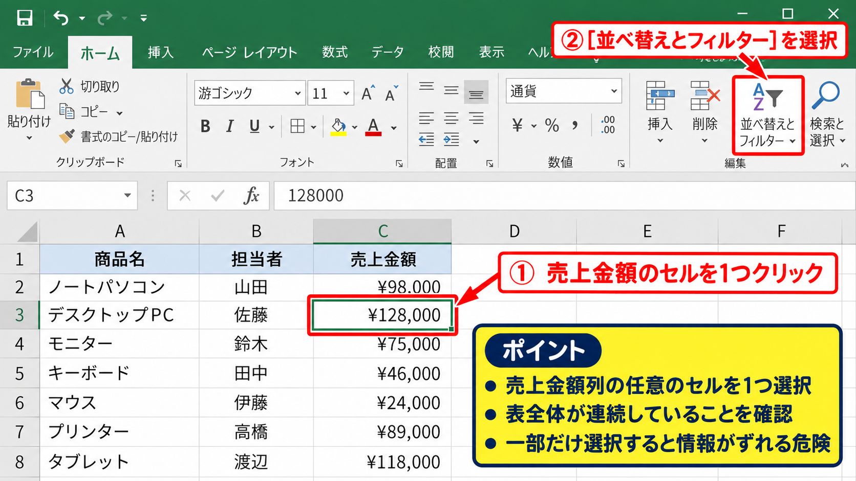 エクセルで降順に並べ替える基本操作 - 並べ替えたい列のセルを選択する操作