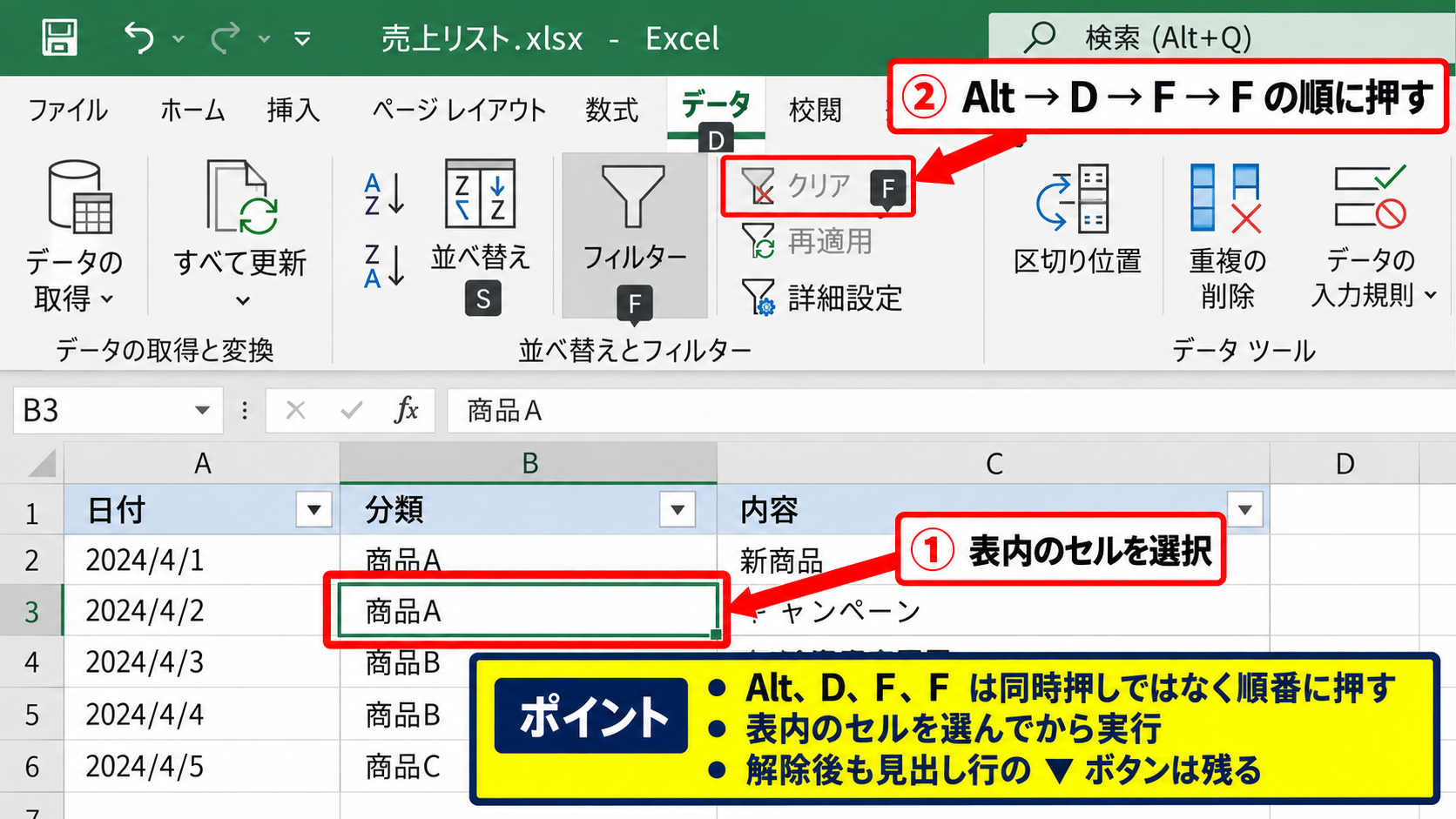エクセルのフィルターをクリアするショートカット操作 - Altキーを使うフィルタークリアのキー操作