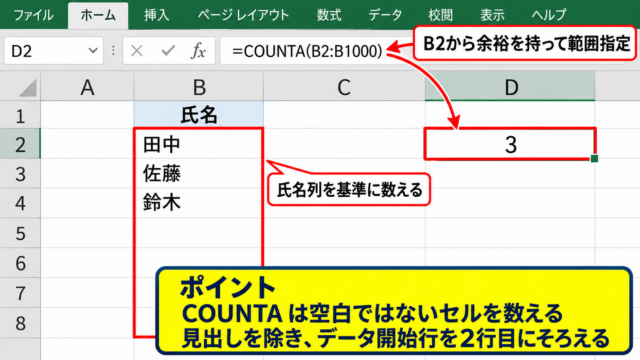 エクセルでデータ入力済みの行数を数える方法【COUNTA関数】 - COUNTA関数で氏名列を数える手順
