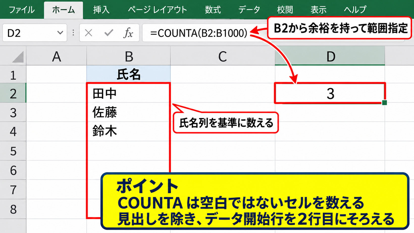 エクセルでデータ入力済みの行数を数える方法【COUNTA関数】 - COUNTA関数で氏名列を数える手順
