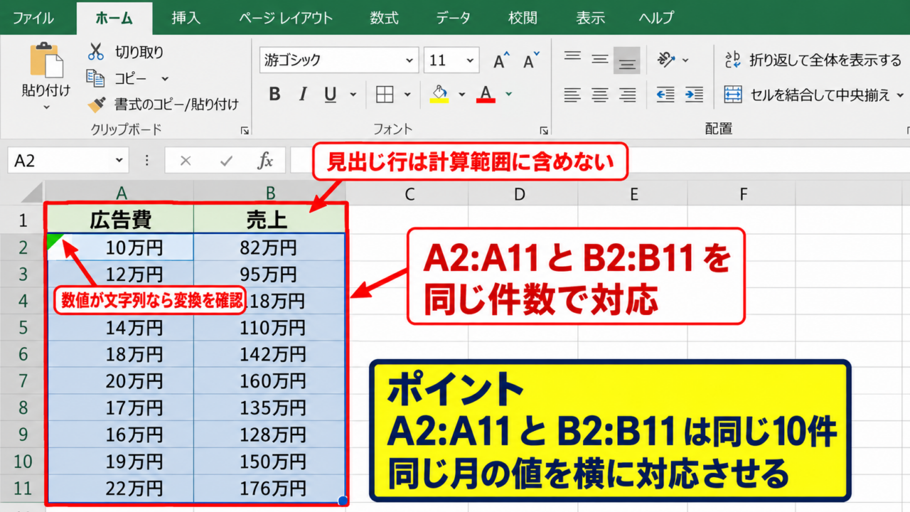 エクセルの散布図で相関係数を求める方法 - 比較対象となるデータ範囲