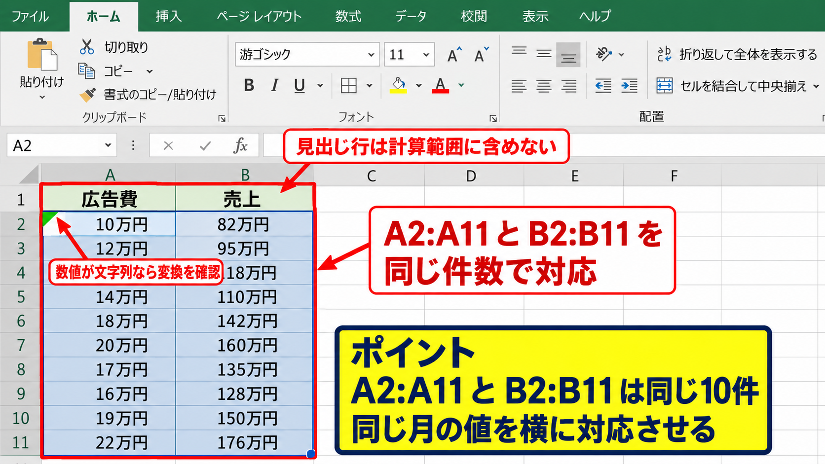 エクセルの散布図で相関係数を求める方法 - 比較対象となるデータ範囲