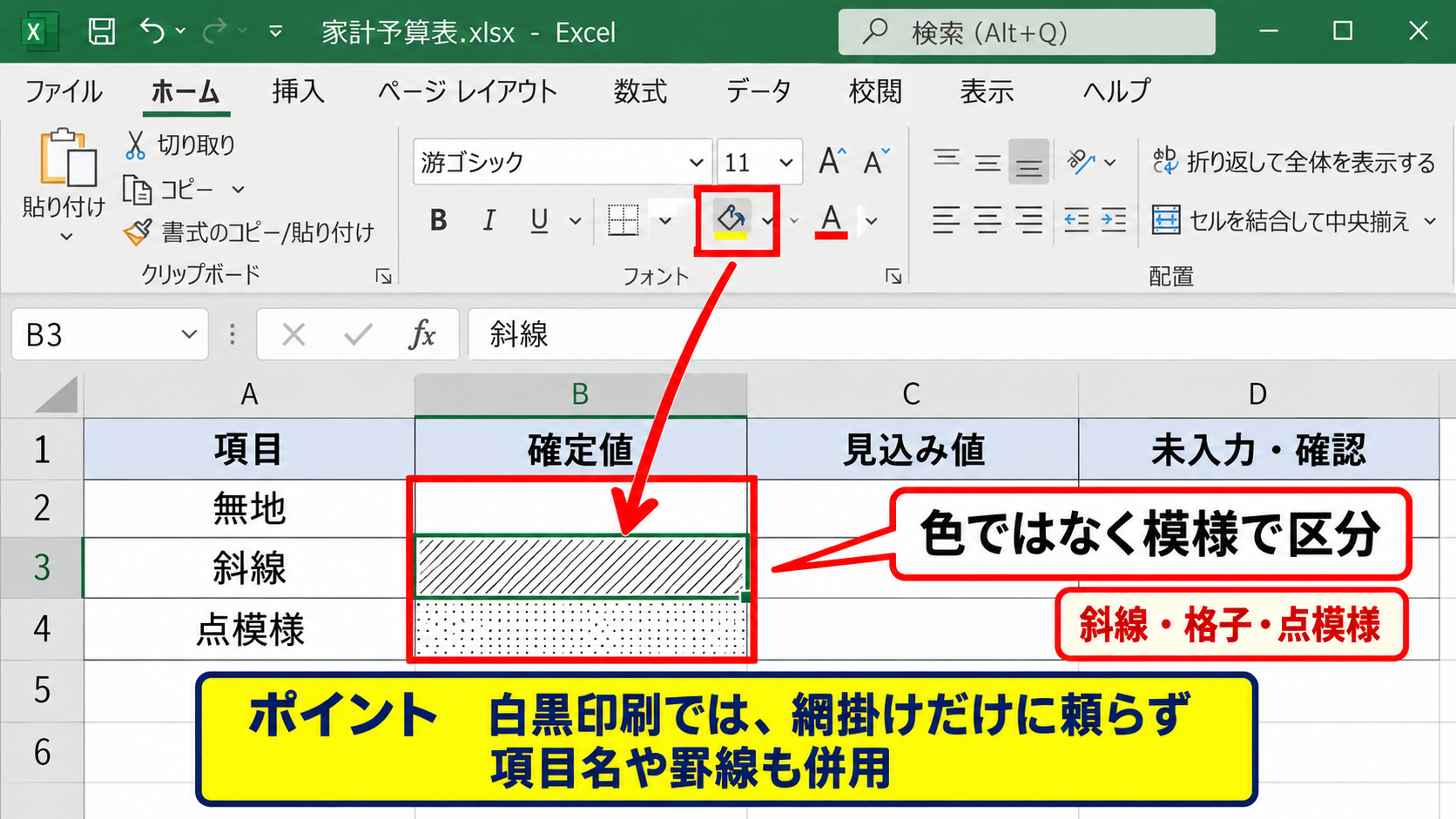 エクセルの網掛けと塗りつぶしの違い - 網掛けが表す背景の模様