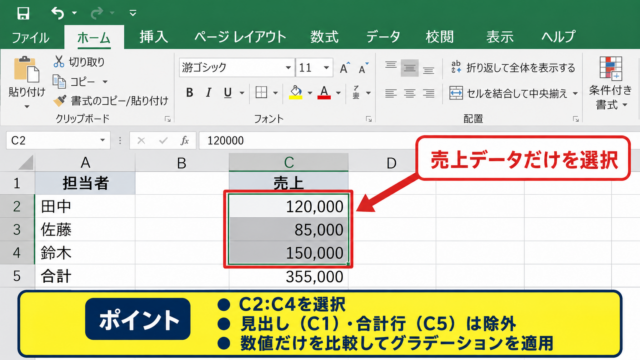 エクセルで2色グラデーションを設定する方法 - グラデーションを付けるセル範囲の選択