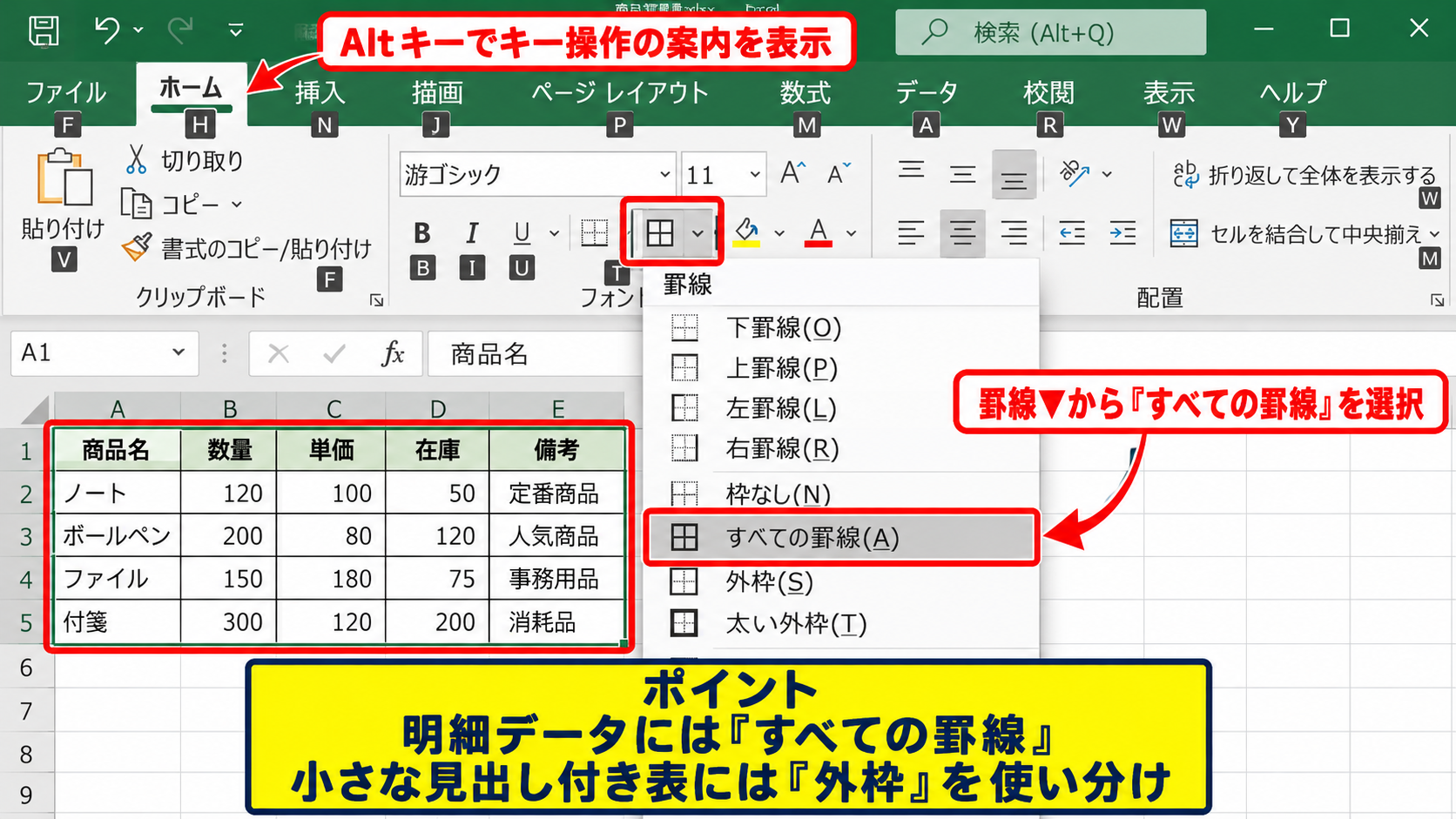 エクセルの枠線をショートカットで付ける基本操作 - すべての罫線を付けるリボンショートカット