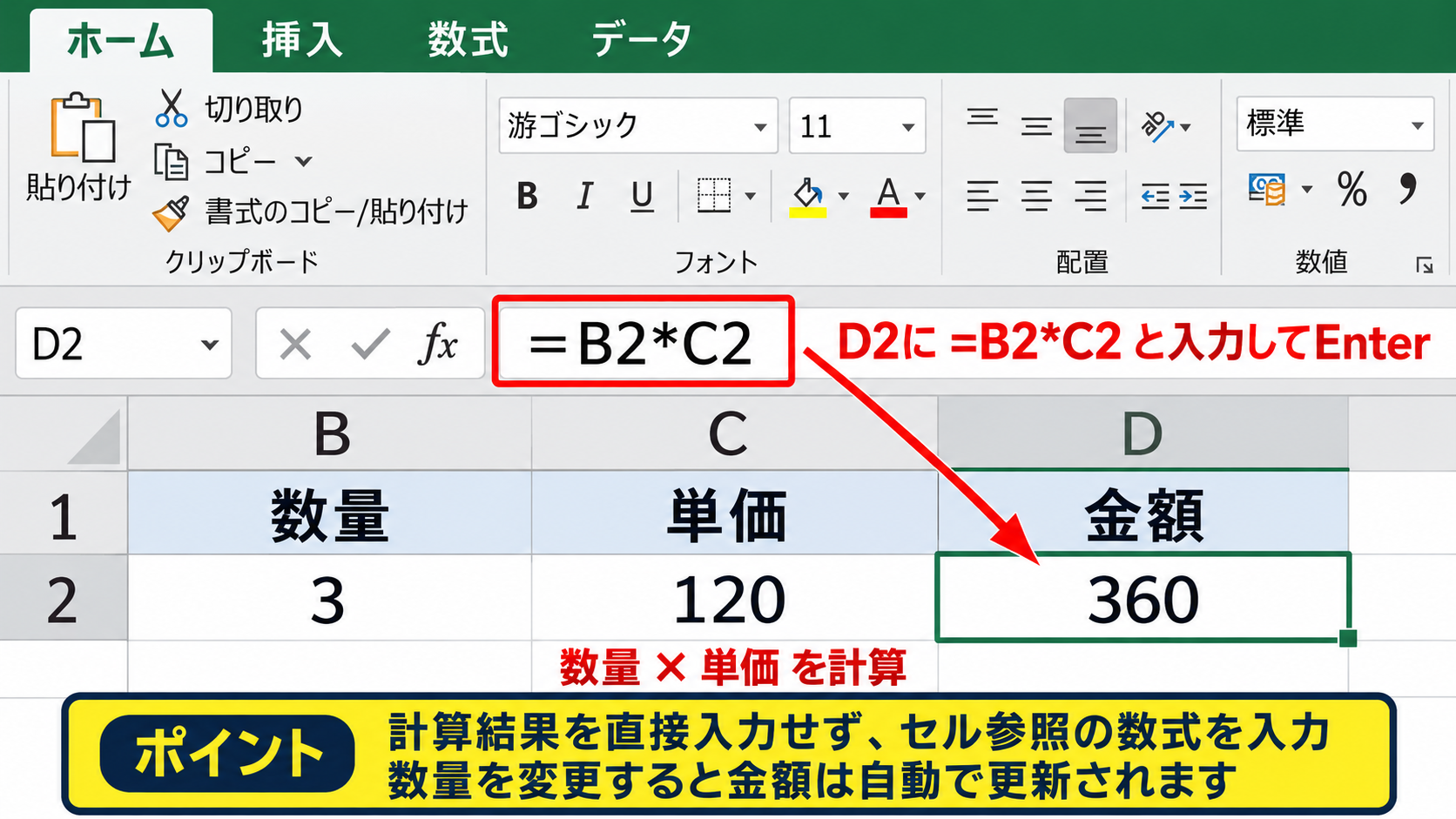 エクセルの計算表を作成する方法1【項目と数式を入力】 - 掛け算の数式を入力する方法