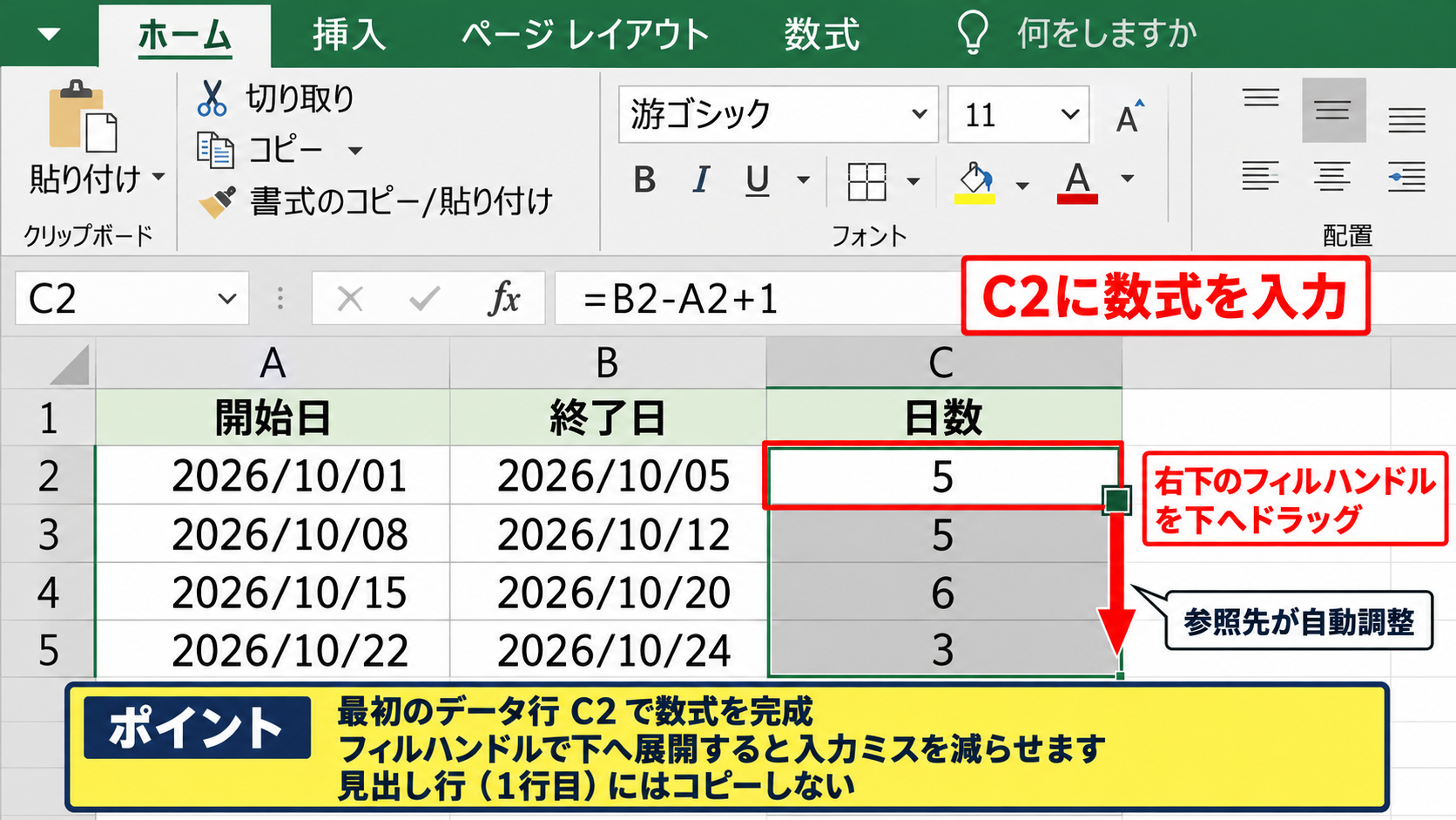 エクセルで初日を含む日数を計算する数式 - 数式を下方向へコピーする操作