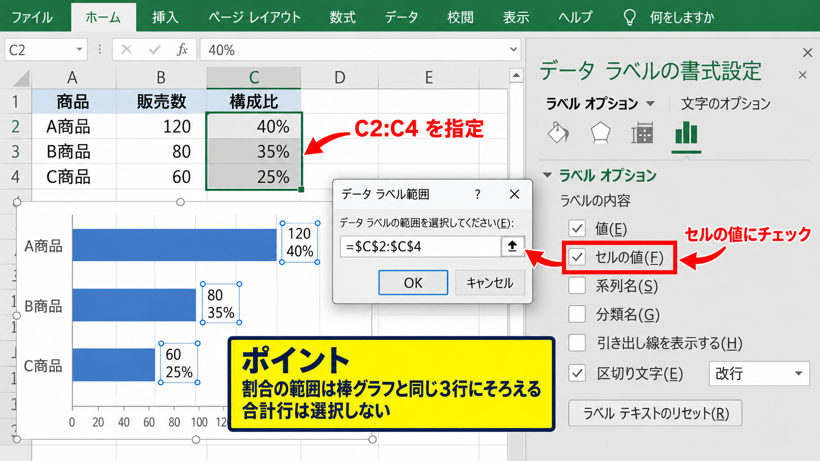 エクセルの棒グラフにパーセントを表示する方法【データラベルの設定】 - セルの値をラベルとして表示する設定