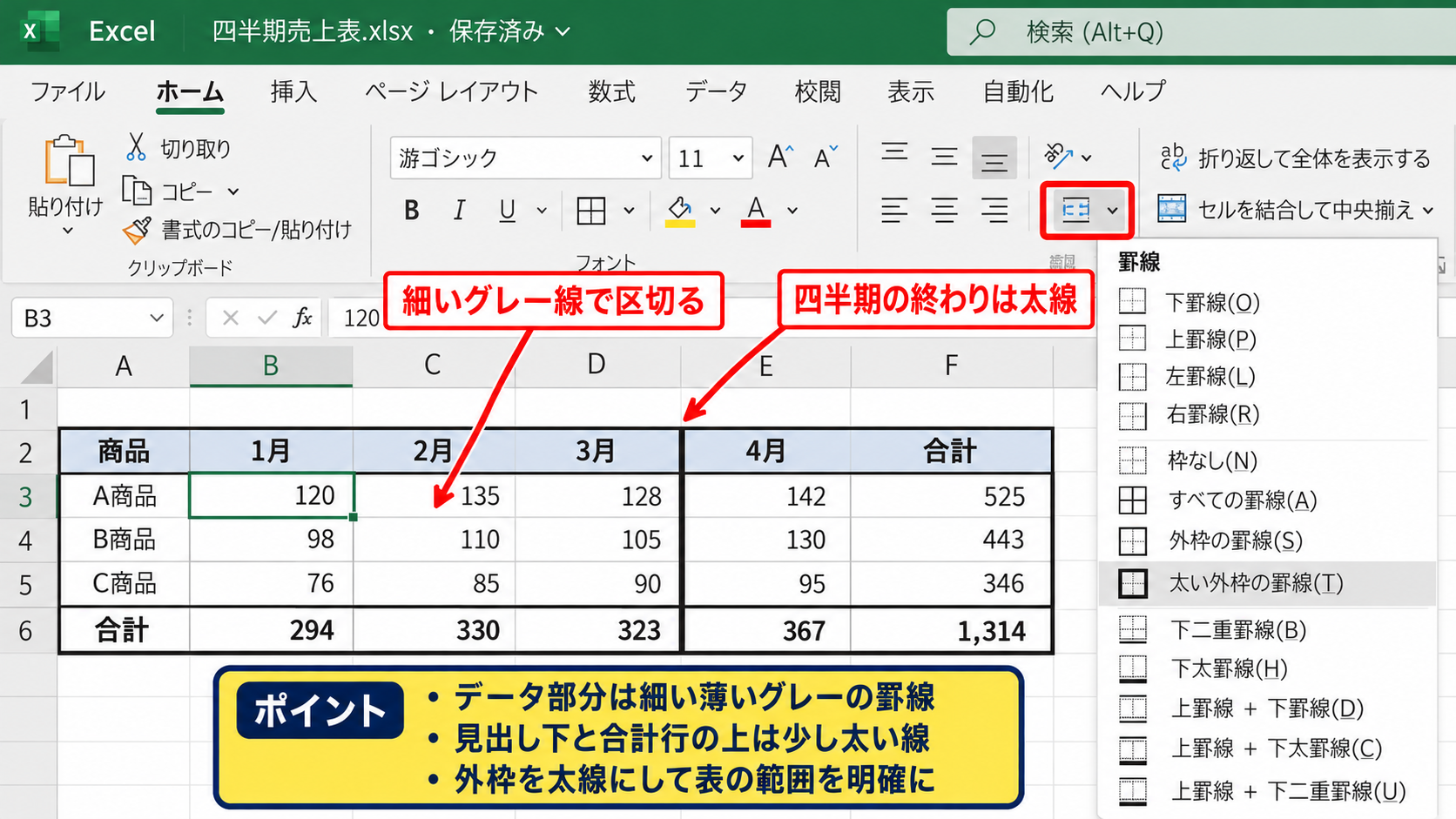 エクセルの表を見やすくする基本設定【見出しと罫線の整理】 - 罫線の種類と使い分け