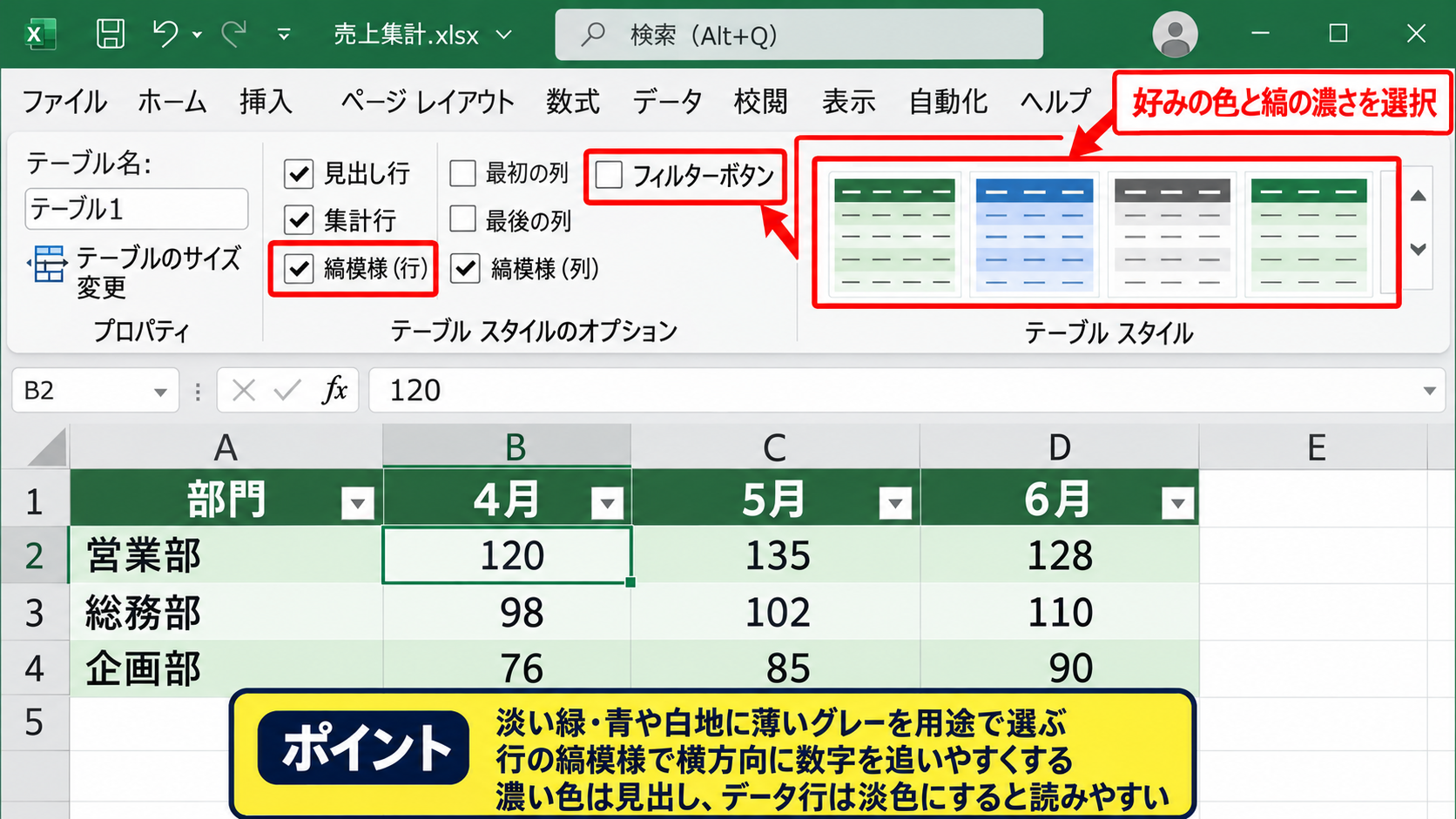 エクセルの表をおしゃれにする方法1【テーブルによるしましま配色】 - テーブルスタイルの選択