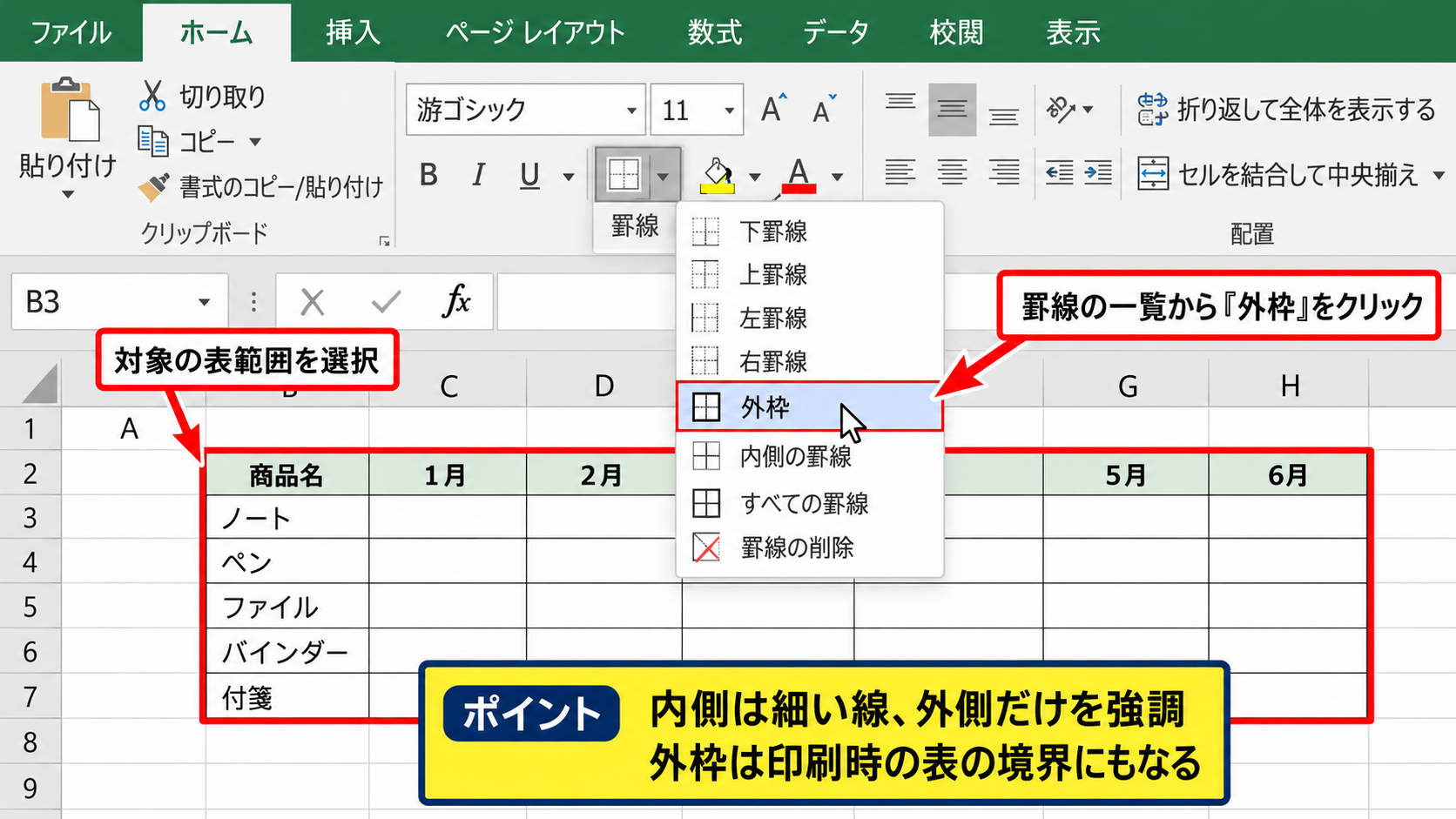 エクセルの表に基本の枠線を引く方法 - 外枠罫線による表の輪郭の強調