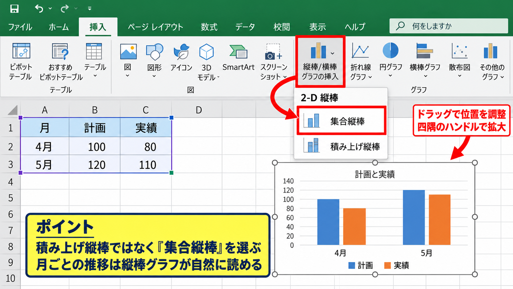 エクセルの棒グラフを2本並べる方法【集合縦棒グラフ】 - 集合縦棒の挿入