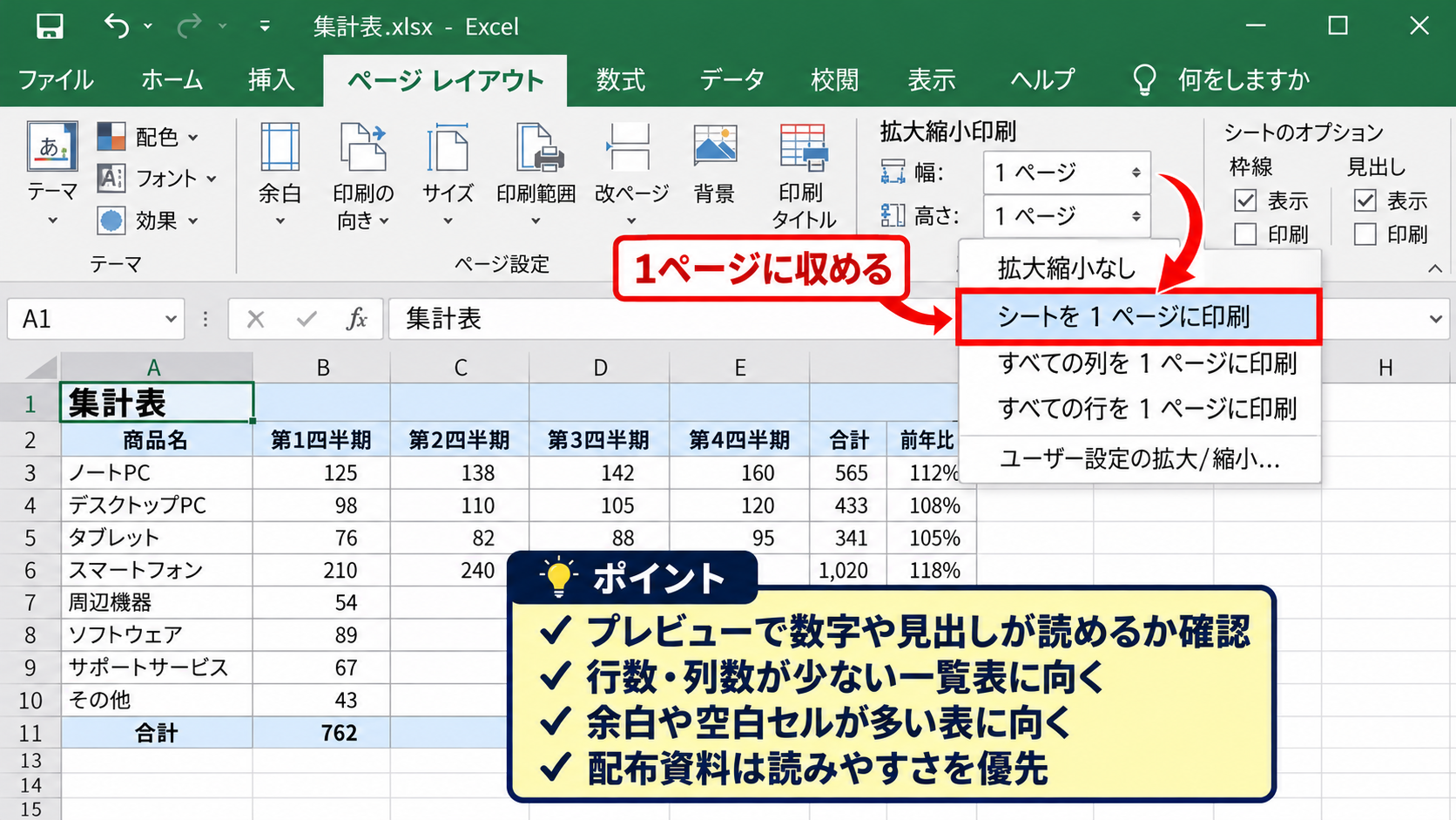 エクセルで複数ページを1枚に印刷する方法【拡大縮小印刷】 - シート全体を一枚に収める設定