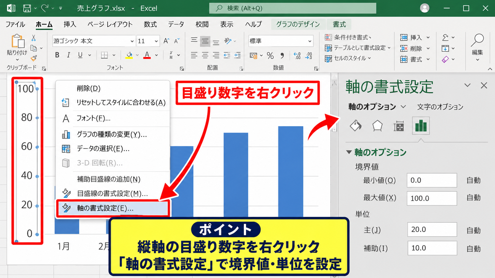 縦軸の最大値と最小値の変更手順 - 軸の書式設定の表示