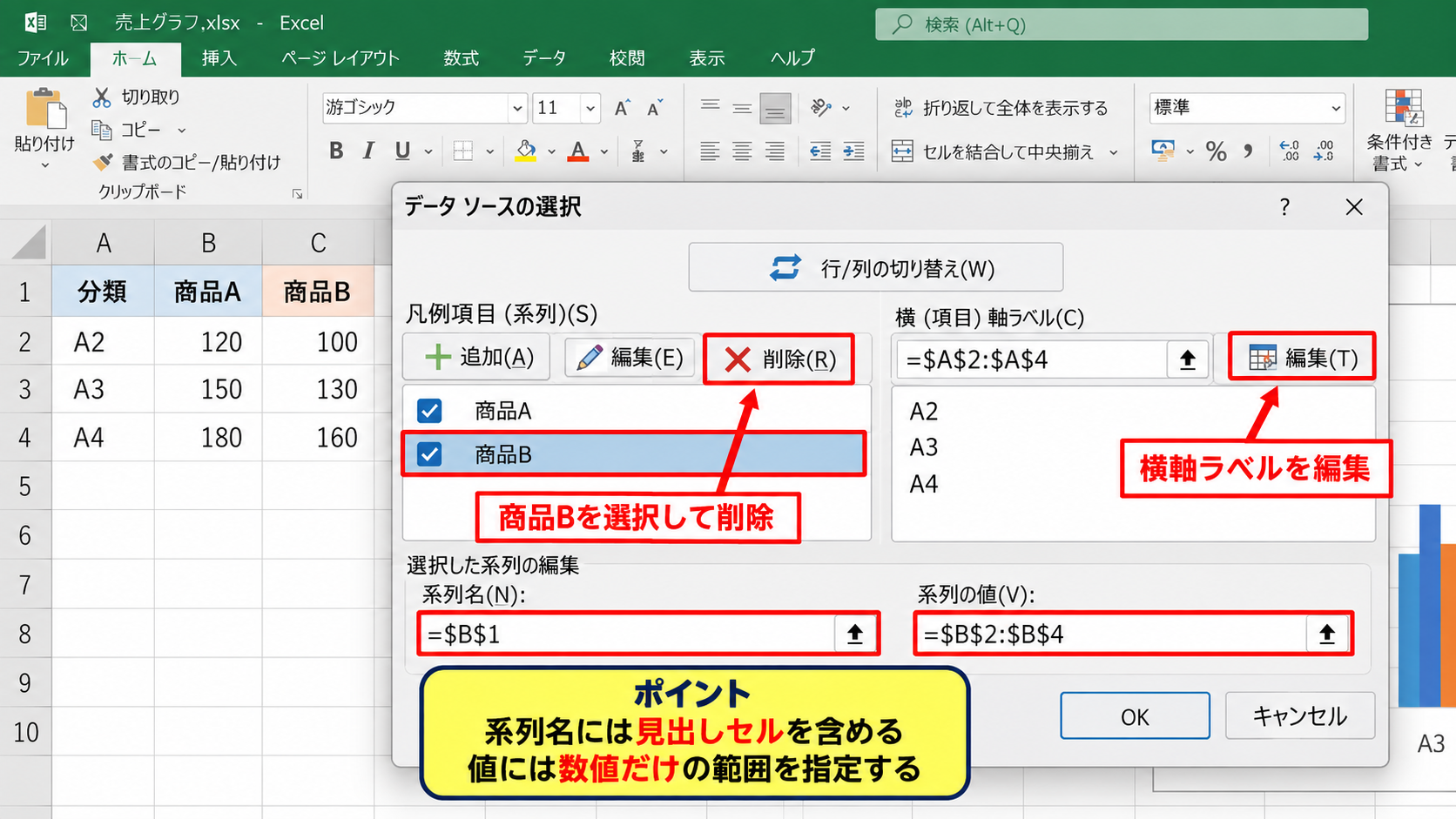 エクセルのグラフで縦軸と横軸を入れ替える方法 - データの選択画面での系列設定