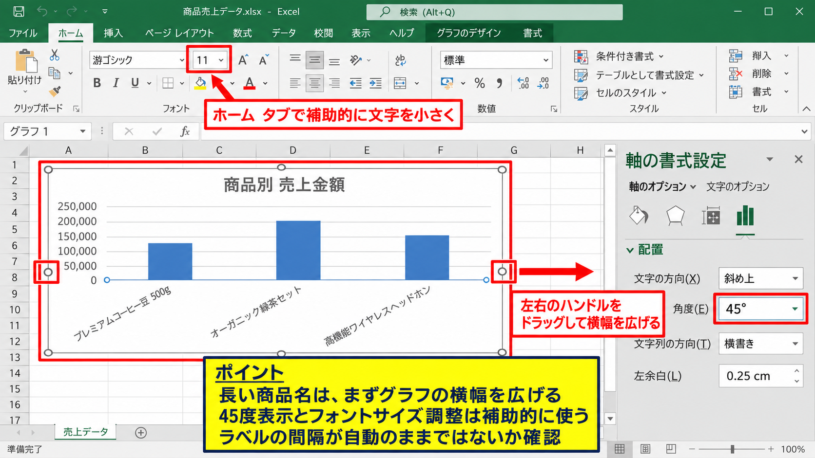 エクセルのグラフで横軸を全部表示する設定 - グラフの横幅とラベル文字の調整