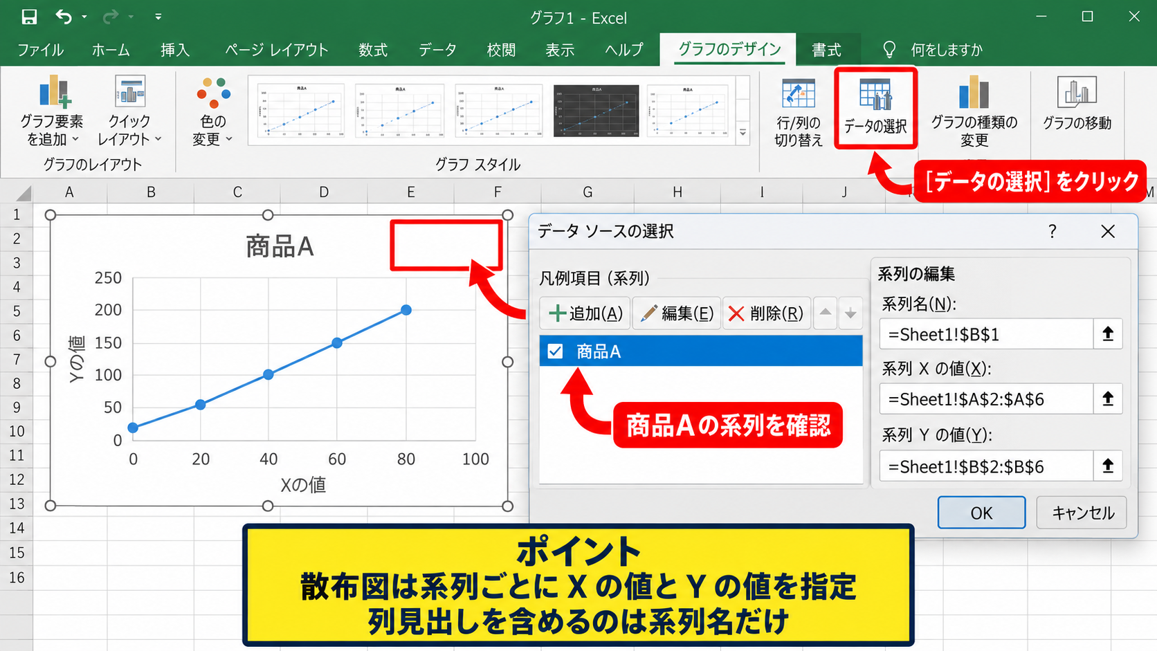 エクセルの散布図で複数系列を追加する方法【系列の選択】 - データの選択画面の表示