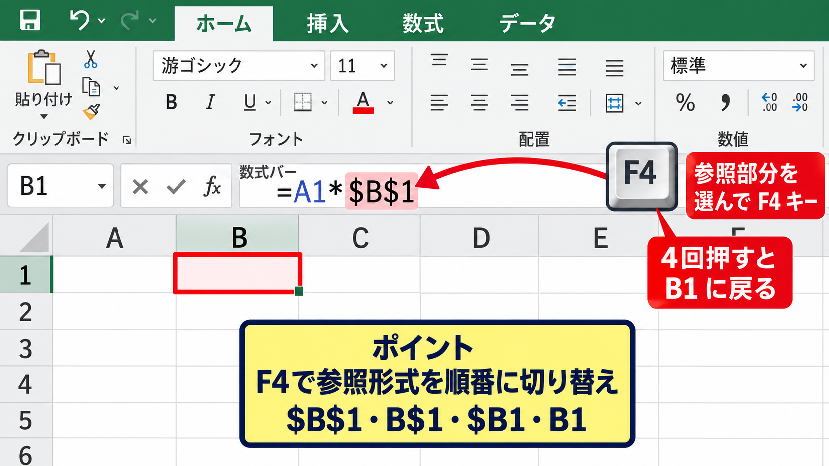 エクセルの数式を固定する方法1【F4キーによる絶対参照】 - F4キーで切り替わる四つの参照形式