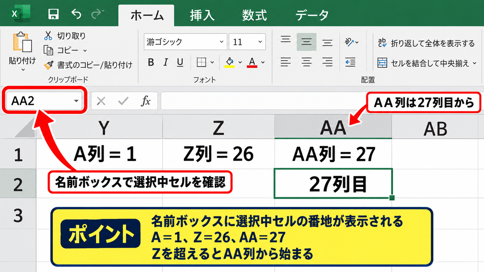 エクセルで列番号を確認する方法 - 選択中セルの列番号の読み取り