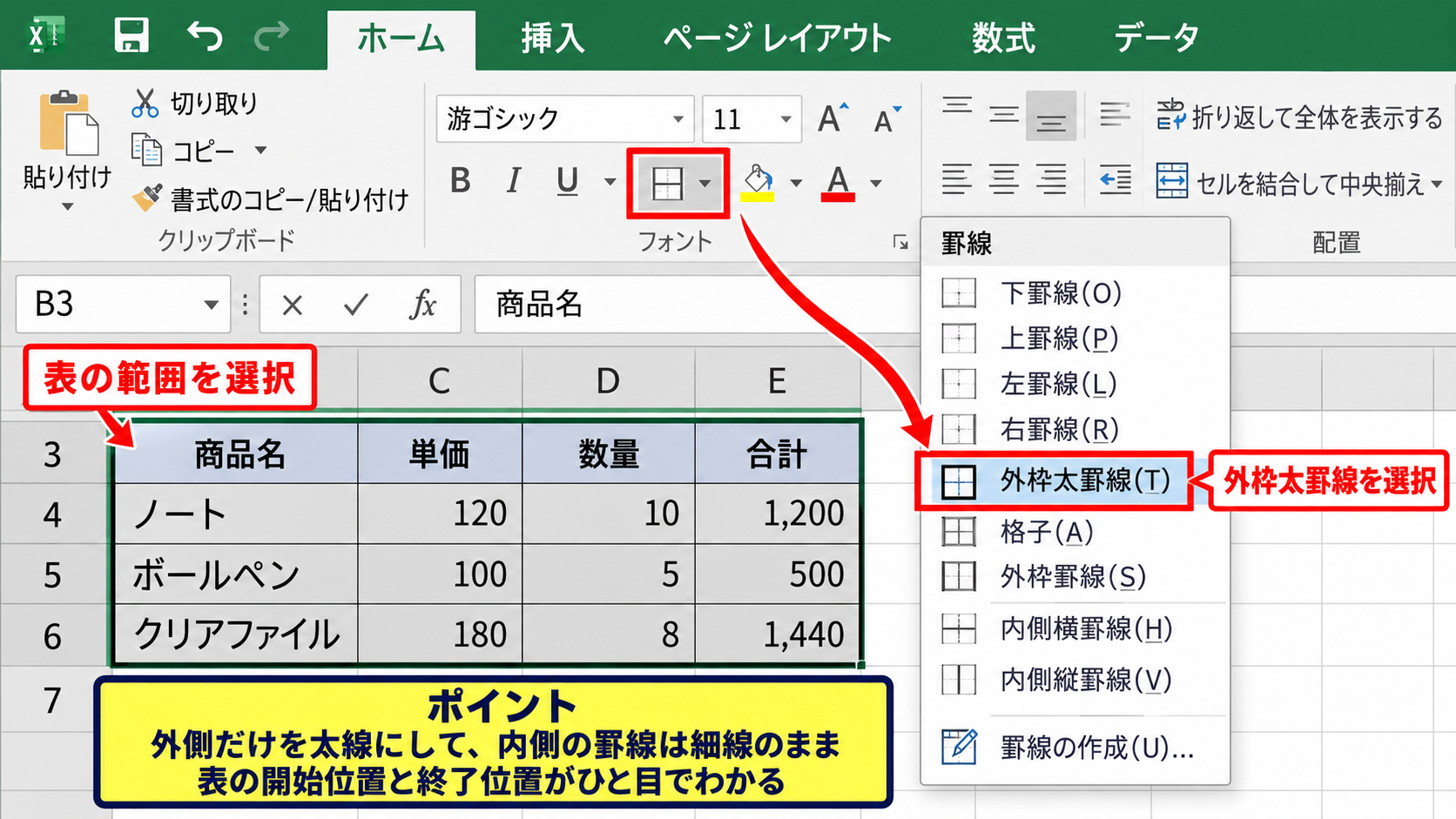 表の外枠と内側の罫線を使い分ける方法 - 外枠を太線にする操作