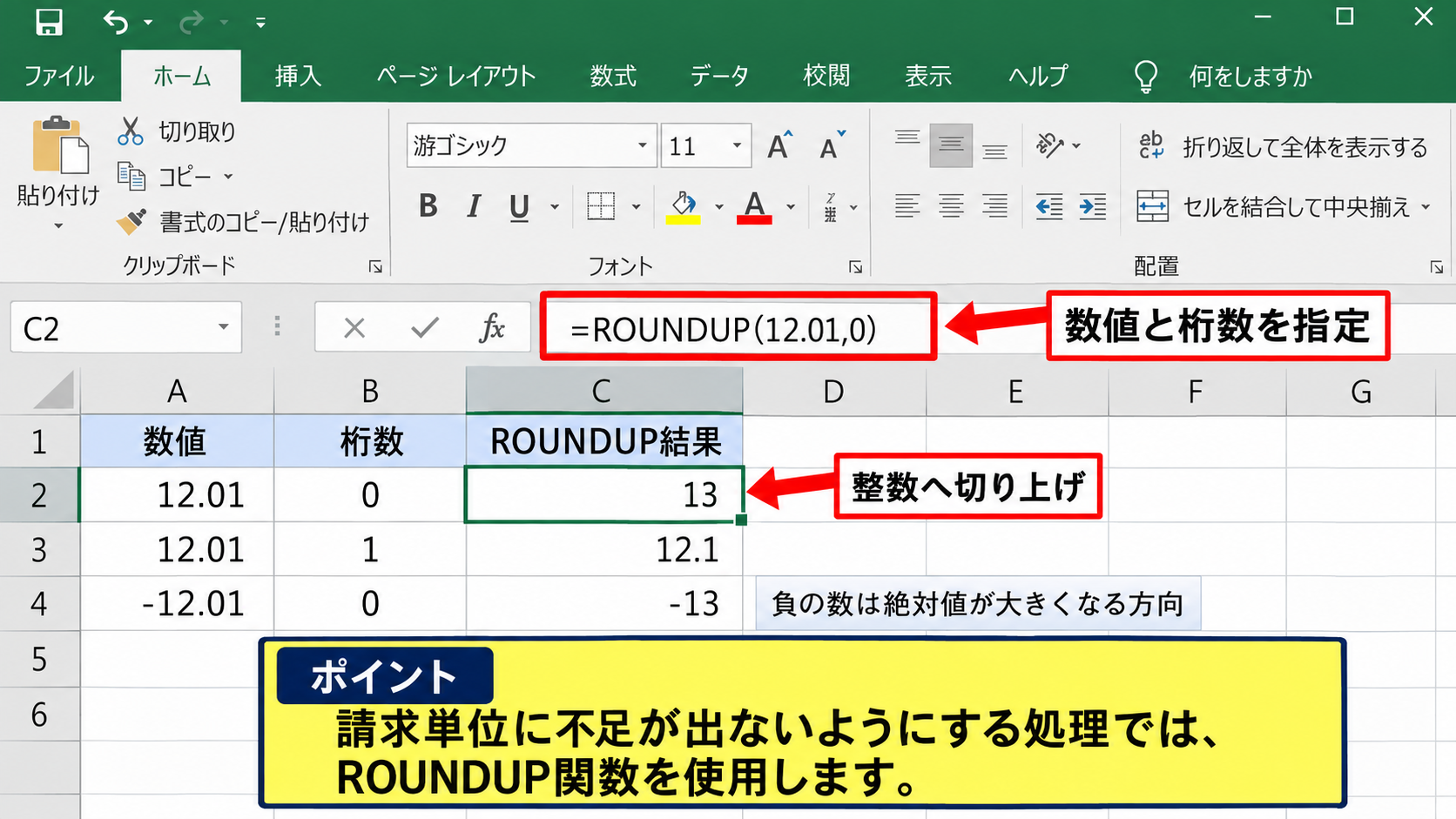 ROUNDUP関数による切り上げの方法 - ROUNDUP関数の書式と切り上げ結果