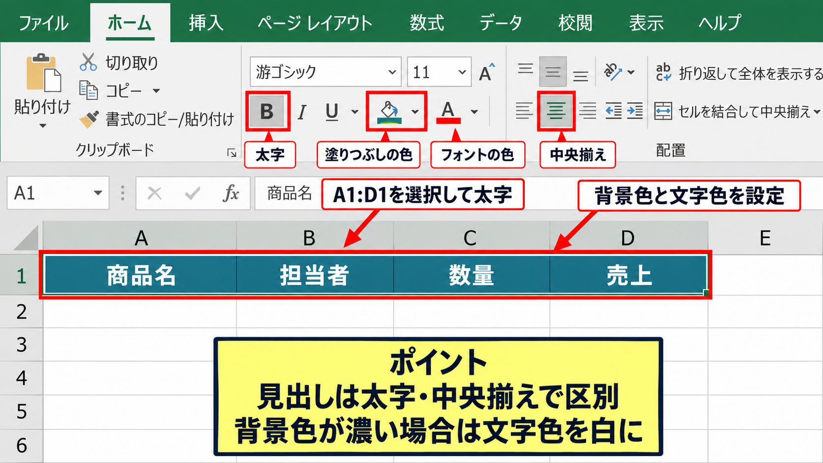 見出しと罫線による表の整理 - 見出し行の色と文字書式