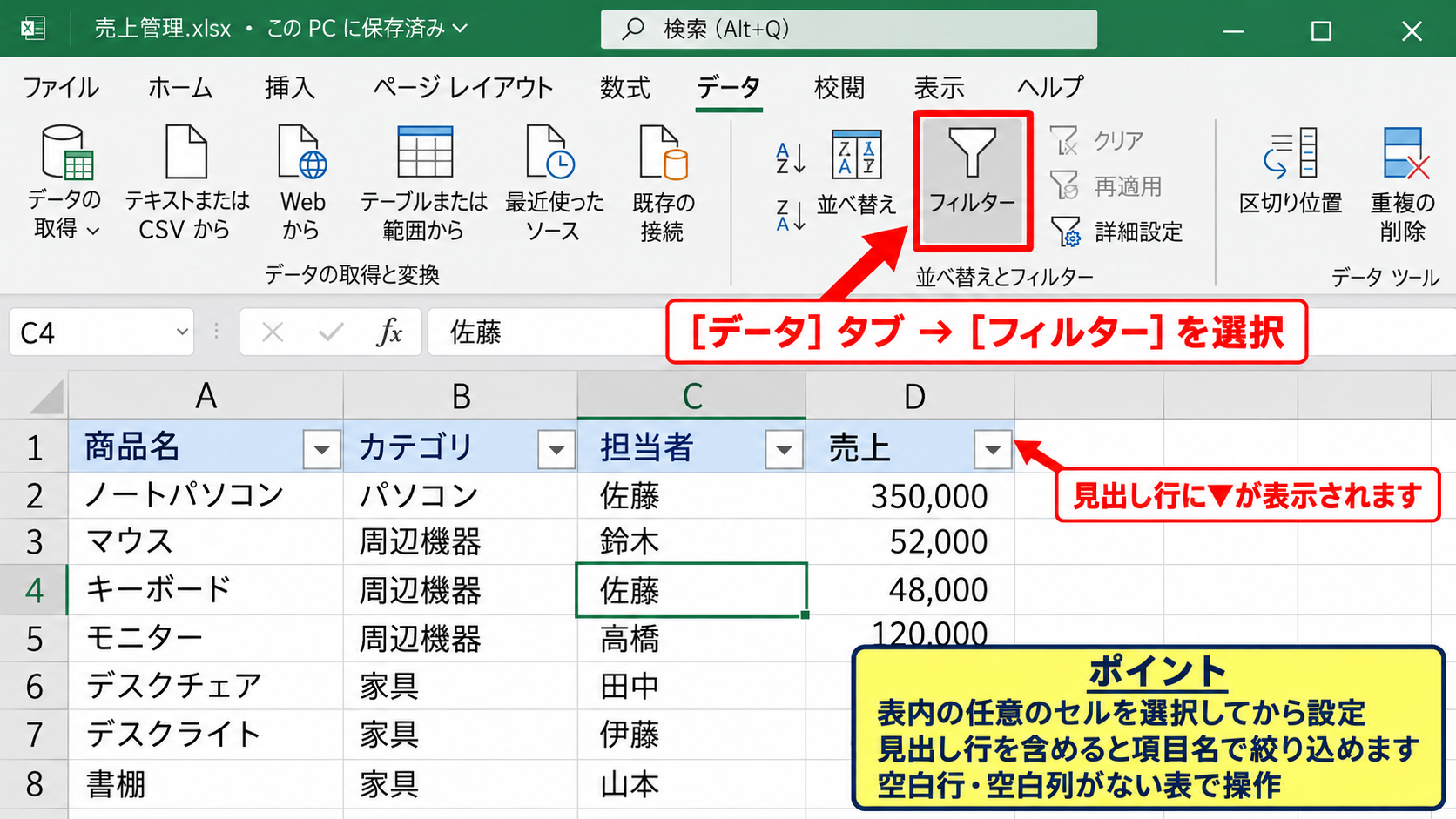 エクセルの表をフィルターで絞り込む方法 - フィルターの設定