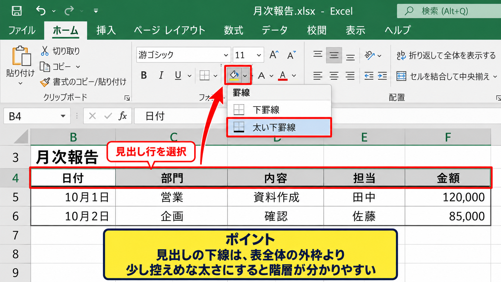 罫線ボタンによる内側と外側の使い分け - 見出し行の下罫線による項目区分