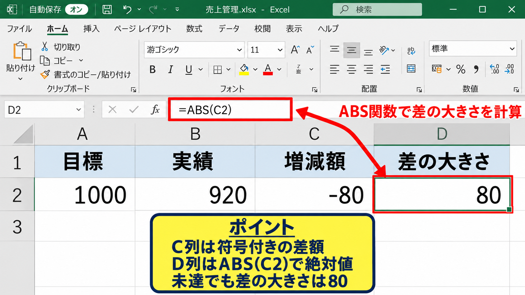 ABS関数で差額と誤差を求める方法 - 目標値と実績値の差額計算