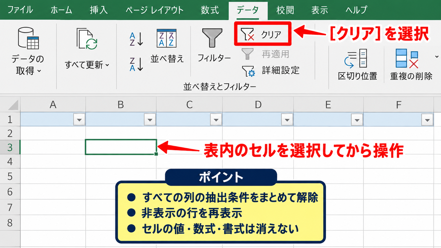 リボンからフィルターをクリアする方法 - データタブのクリアボタン