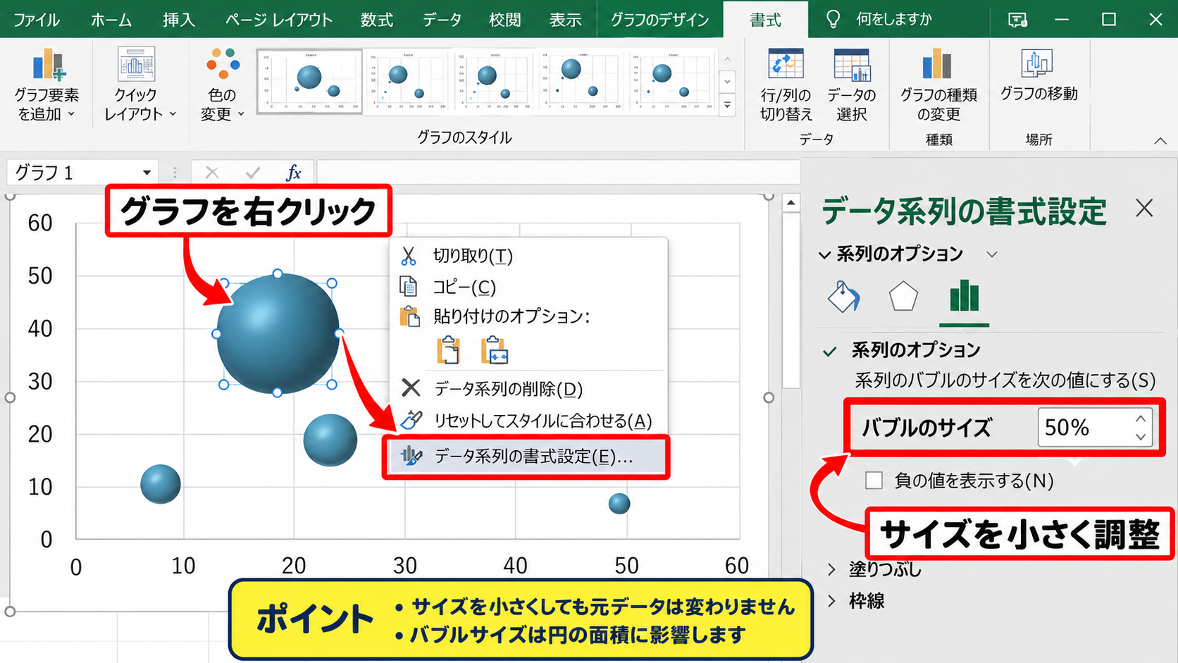 データ範囲と系列設定の整え方 - バブルサイズの調整