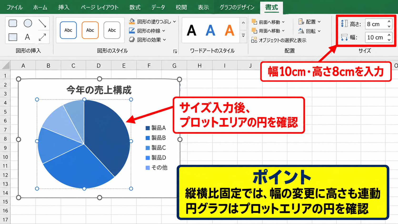 円グラフの大きさを統一する設定 - 高さと幅の数値入力