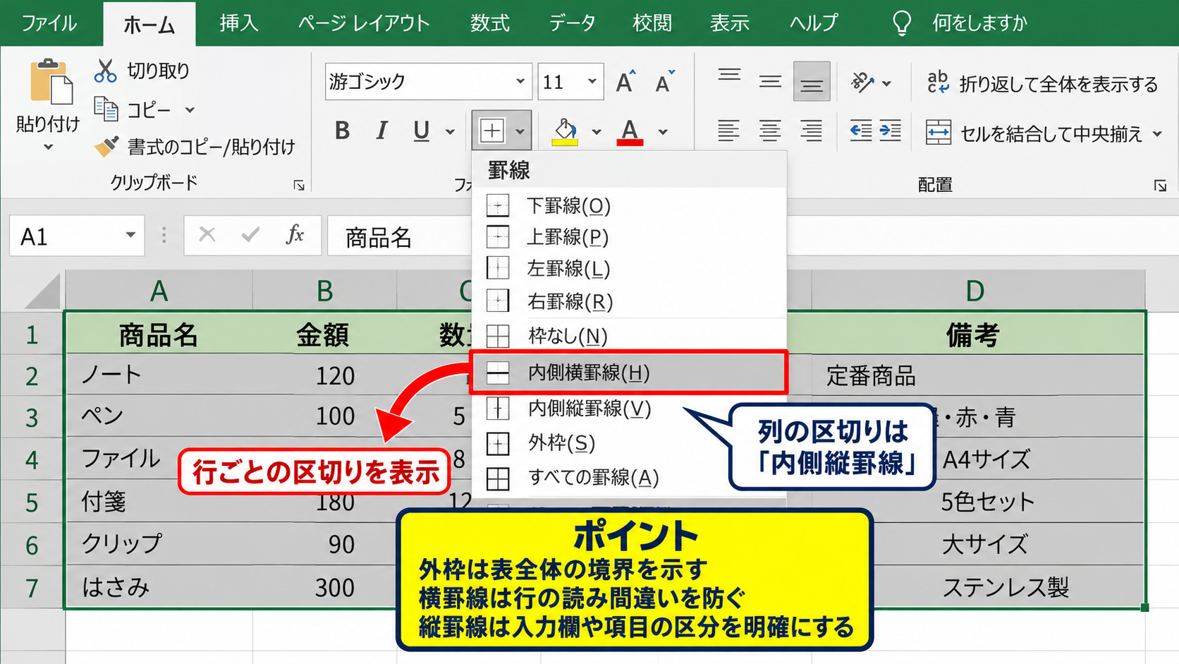 表の外枠と内側の罫線を使い分ける方法 - 内側横罫線と内側縦罫線