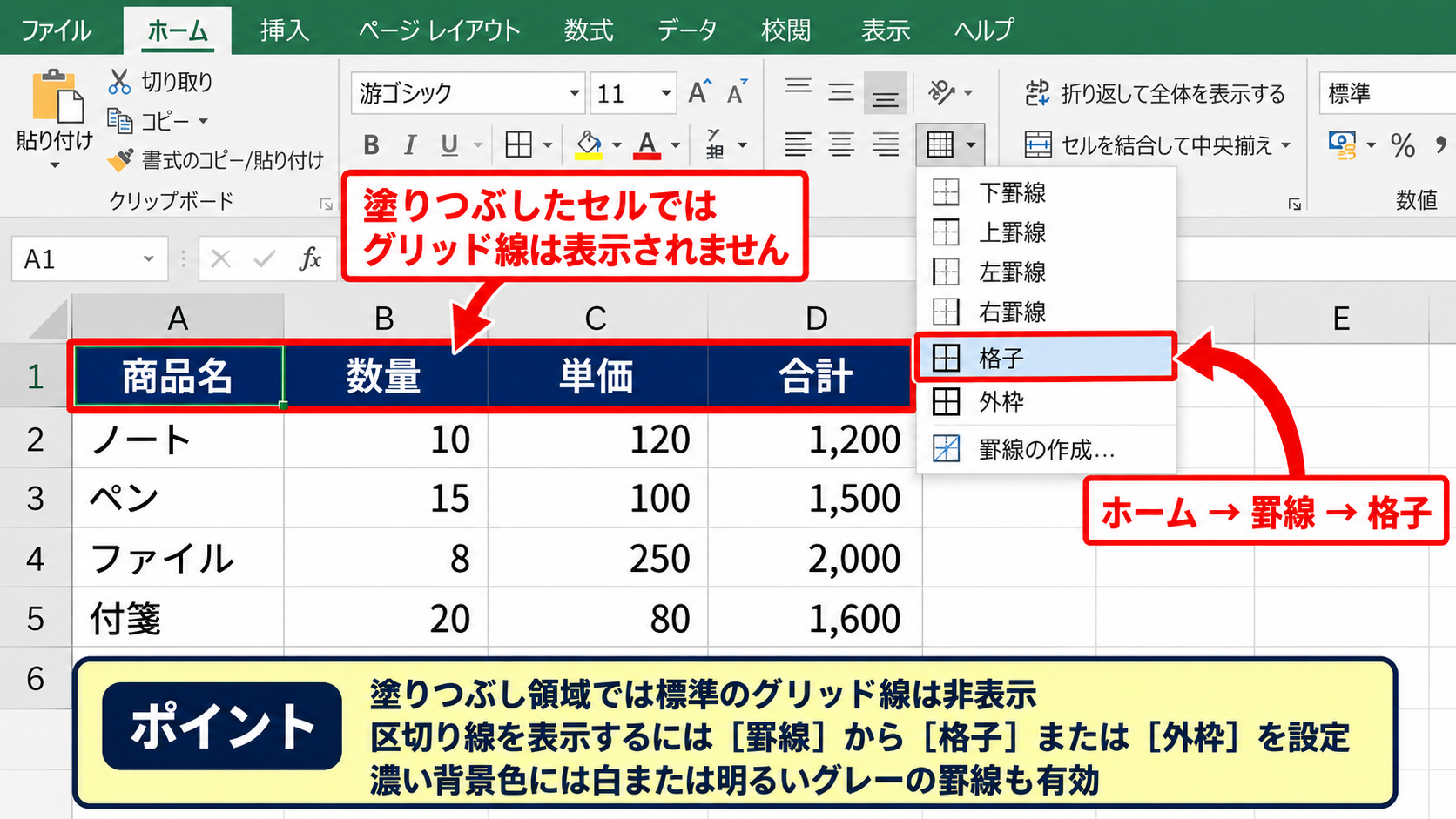 一部だけ枠線が表示されない原因 - 塗りつぶしによるグリッド線の非表示