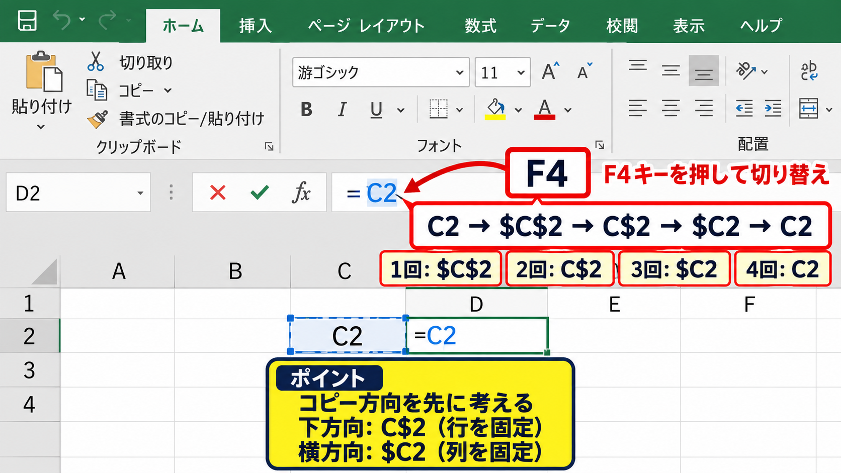 F4キーによる絶対参照への切り替え - F4キーを複数回押したときの変化