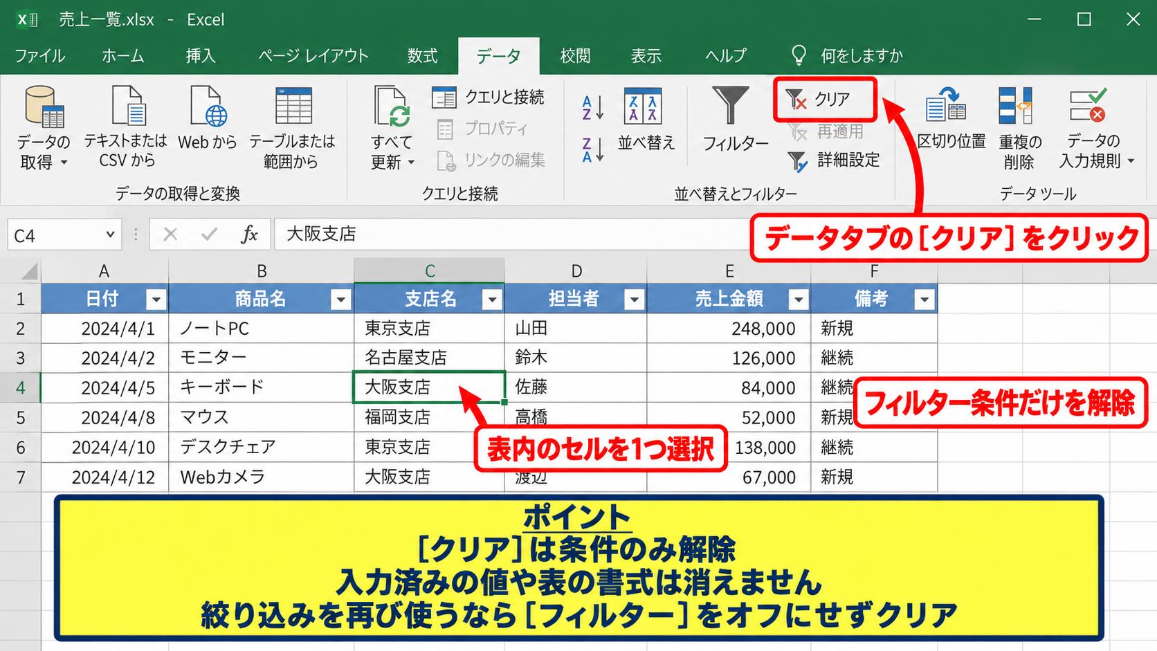 エクセルでフィルター後の行を再表示する設定 - データタブからのフィルター解除