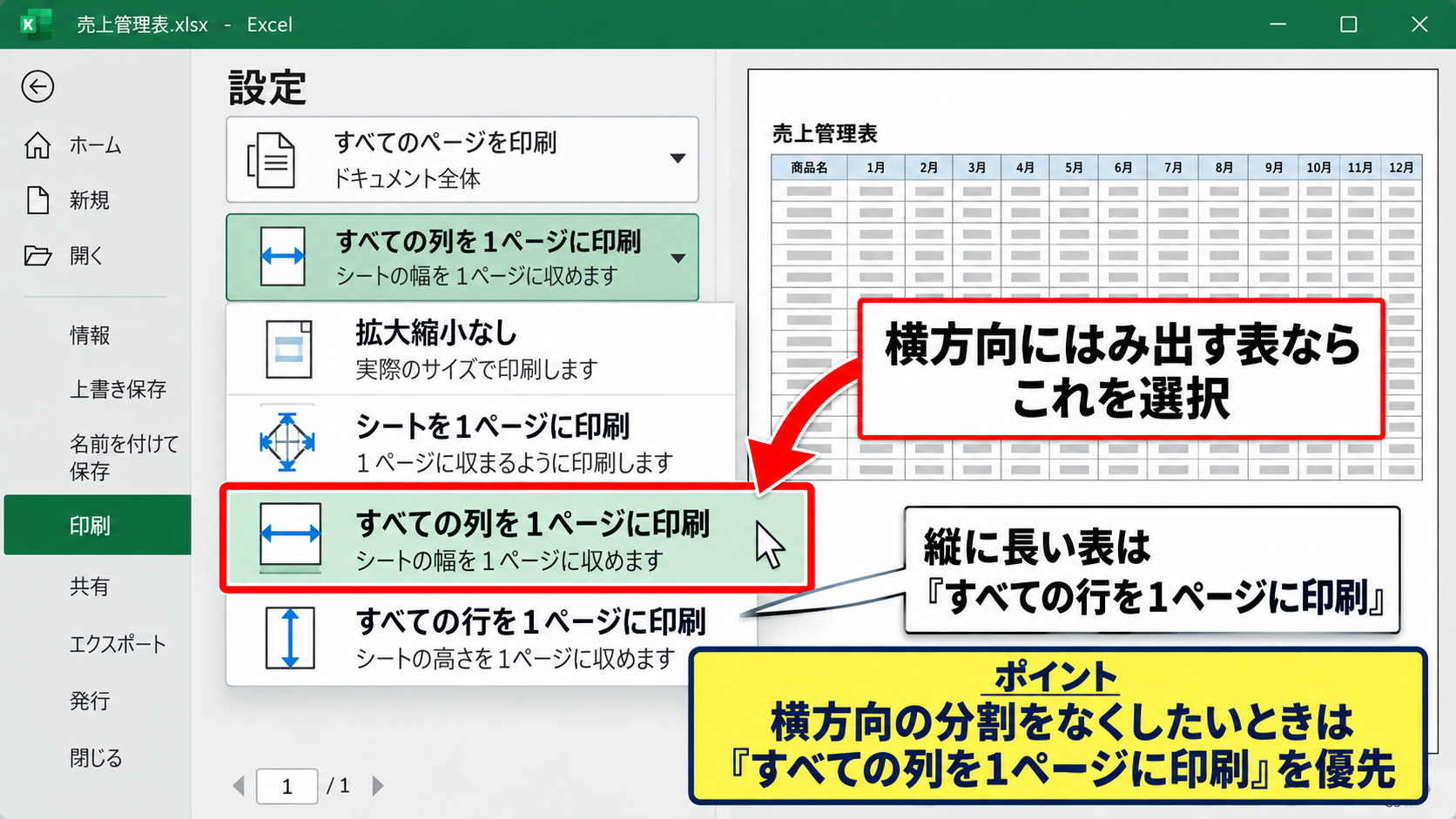 印刷プレビューでの1ページ設定 - 拡大縮小メニューの選択